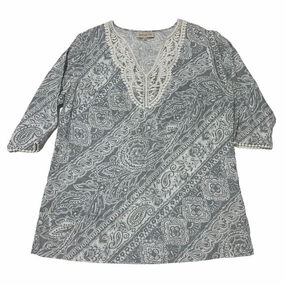 JONES Ny Gray Paisley Floral Lace Blouse 0x - Picture 1 of 12